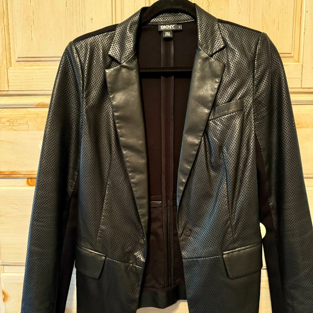 DKNY Lamb skin leather and viscose/rayon/nylon black jacket